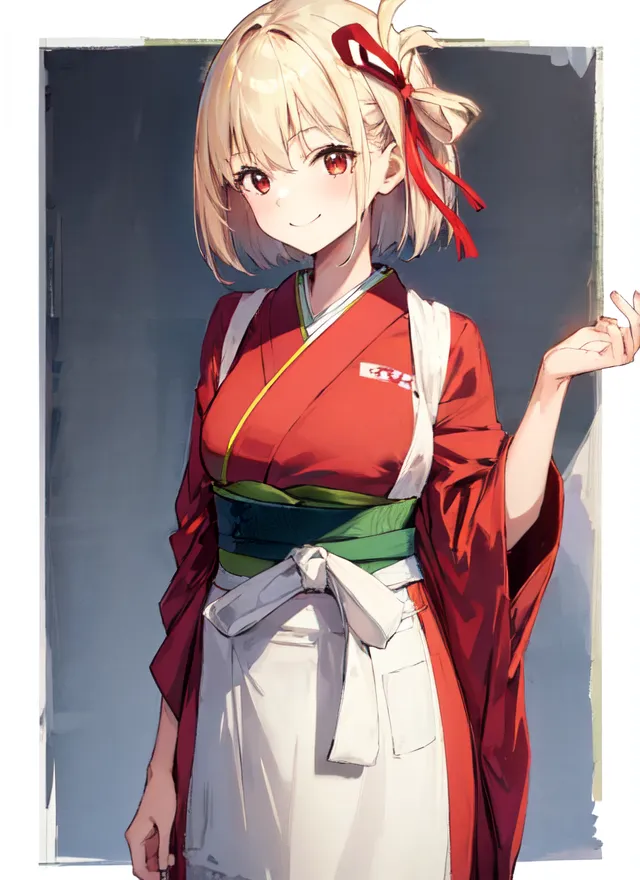 The image shows a young woman, with short blonde hair and red eyes. She is wearing a red kimono with a white apron. The kimono has a green obi tied around it. She is smiling and has her hand raised in the air. She is standing in front of a white background.