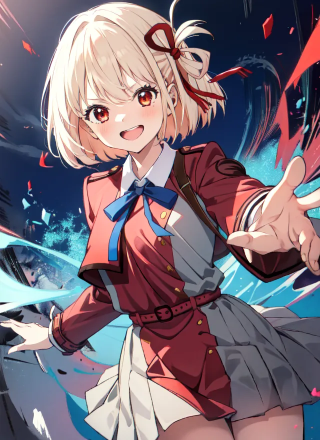 The image is a digital painting of a young girl with short blonde hair and red eyes. She is wearing a red blazer with a white undershirt and a gray skirt. She has a red bow in her hair and is smiling at the viewer. She is standing in front of a blue and purple background with her hand outstretched.