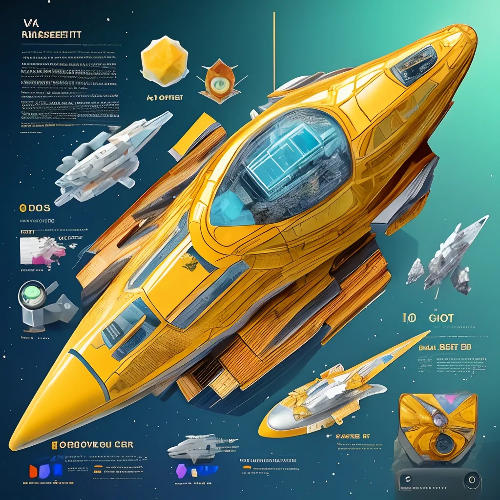 The image is a blueprint of a spaceship. It is a sleek, yellow vessel with a large cockpit and a pair of engines. The ship is also equipped with a number of weapons, including a pair of laser cannons and a missile launcher.

The blueprint is labeled with the ship's specifications. It is 10 meters long, has a wingspan of 5 meters, and weighs 10 tons. The ship is powered by a pair of fusion engines that can produce a maximum speed of 100 light years per hour. The ship is also equipped with a life support system that can sustain a crew of four for up to 10 years.

The blueprint also includes a detailed description of the ship's interior. The ship is divided into three decks. The upper deck is home to the cockpit and the living quarters. The middle deck is home to the engineering bay and the cargo hold. The lower deck is home to the weapons systems.

The blueprint is a valuable resource for anyone who wants to learn more about the spaceship. It is a detailed and accurate representation of the ship, and it provides a wealth of information about its systems and capabilities.