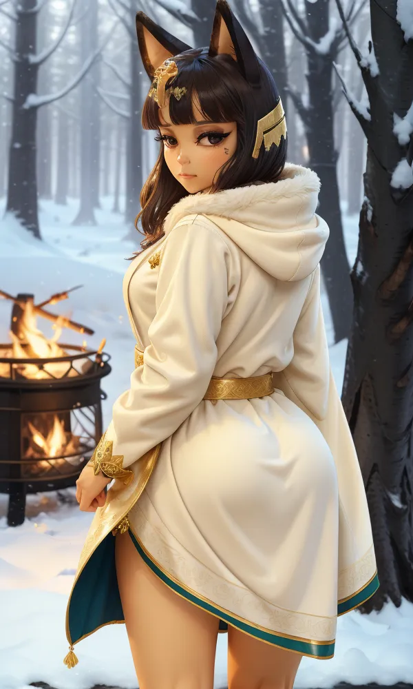 The picture shows a beautiful anime girl with long brown hair and cat ears. She is wearing a white and gold dress with a fur hood. There is a fire burning behind her.