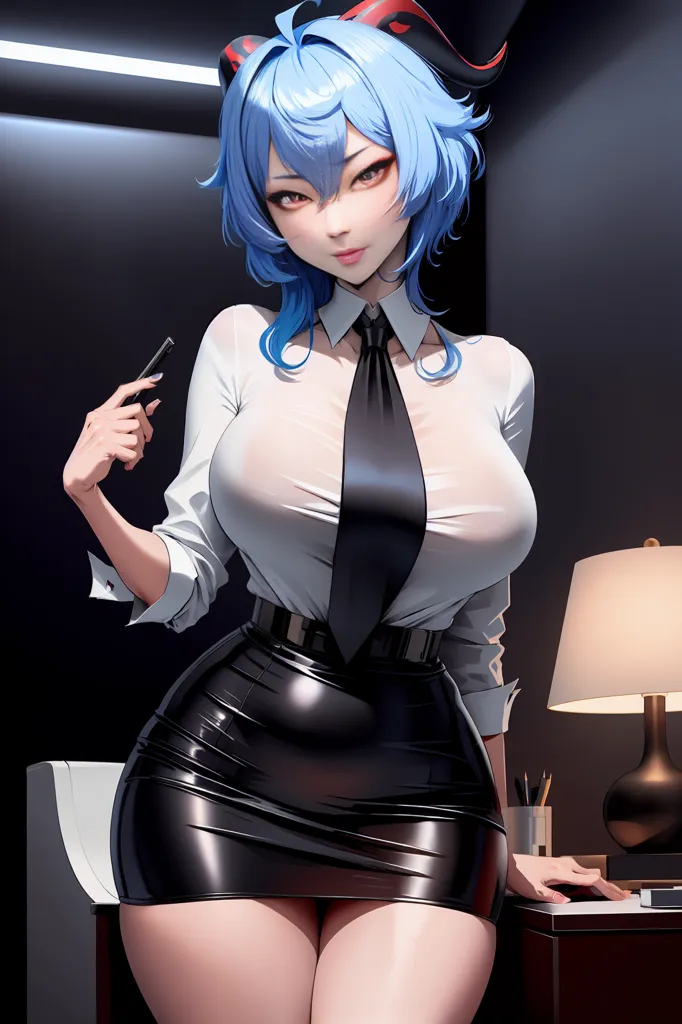 The image is of a young woman with blue hair and red horns. She is wearing a white dress shirt, black tie, and black skirt. She is sitting in a dark room with a lamp on the table next to her. She is looking at the viewer with a serious expression.