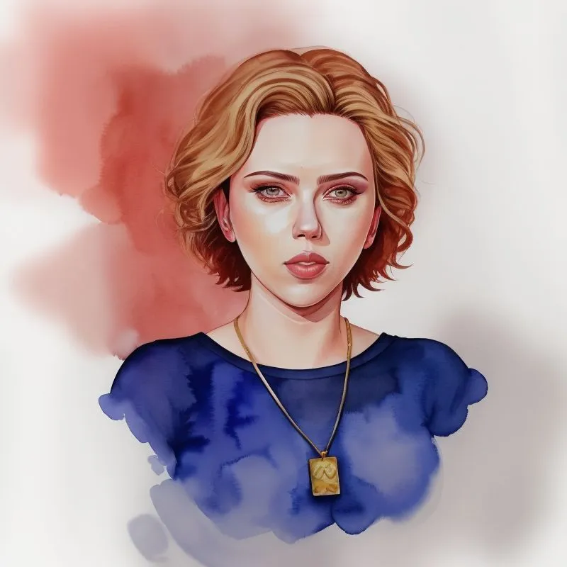 The image is a portrait of a young woman with short blonde hair and green eyes. She is wearing a blue shirt and a gold necklace. The background is a watercolor wash in shades of pink and blue. The woman's expression is serious and thoughtful. She is looking at the viewer with her head tilted slightly to one side. The painting is done in a realistic style and the woman's features are rendered in great detail.