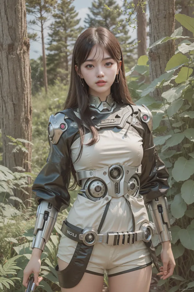 The image depicts a young woman standing in a forest. She is wearing a futuristic outfit that is part technological and part clothing. The outfit is mostly white and silver, with black accents. The woman has long brown hair and brown eyes. She is looking at the camera with a serious expression.