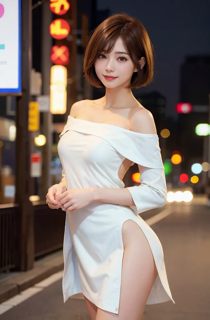 The image shows a young woman standing in a dark urban setting. She is wearing a white off-the-shoulder dress with a thigh-high slit, and her hair is cut in a short brown bob. The woman is looking at the camera with a confident expression, and her body is slightly posed to show off her curves. The background of the image is blurred, with a few lights out of focus.