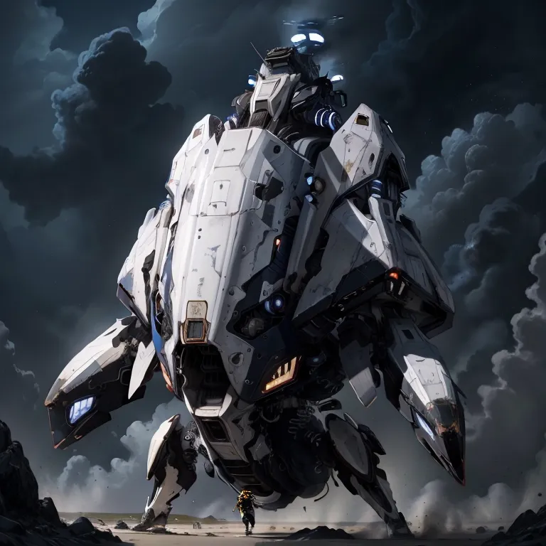 The image shows a large, white and gray mech with six legs. It has a small head with a single eye and a large, flat body. The mech is standing in a rocky field with a dark, cloudy sky in the background. There is a figure standing in front of it that is much smaller in comparison.