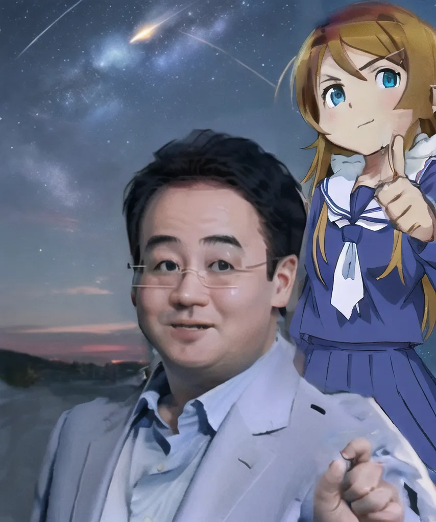 The image shows a man in a white shirt and glasses. He is standing in front of a night sky with stars and meteors. There is an anime girl with long blond hair and blue eyes next to him. She is wearing a blue sailor uniform. The man is smiling and pointing at the sky, while the anime girl is giving a thumbs-up.