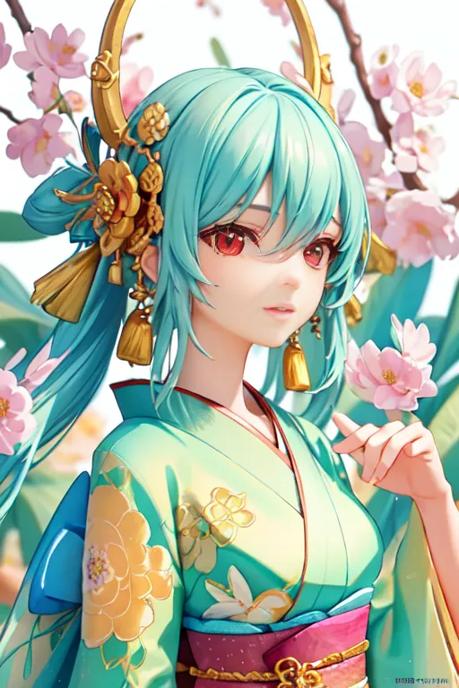 The image is a painting of a young woman in a kimono. She has long, flowing green hair and red eyes. She is wearing a traditional Japanese kimono with a floral pattern and a pink obi. Her hair is adorned with golden hair accessories. She is standing in a garden of cherry blossoms. The background is a blur of pink and white cherry blossoms.