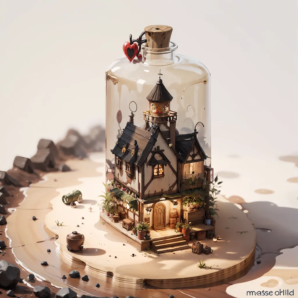 This is a 3D rendering of a tiny house inside a glass bottle. The bottle is sitting on a wooden table. The house is made of wood and has a brown roof. There is a small garden in front of the house with some plants and flowers. There is a red heart-shaped keychain attached to the neck of the bottle. The bottle is sitting in a puddle of water. There are some rocks and pebbles in the water.