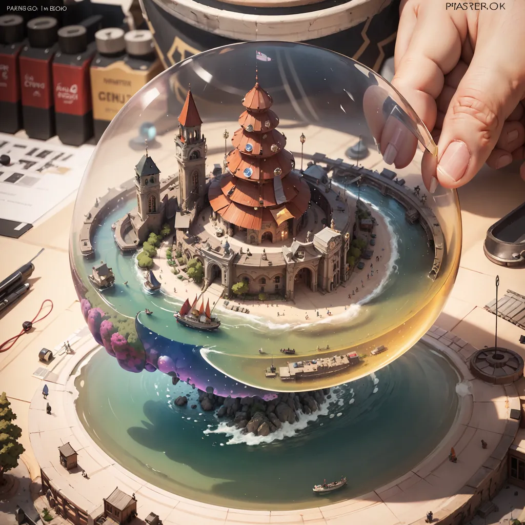 The image is a 3D rendering of a crystal ball with a city inside. The city is made up of several buildings, including a castle, a church, and a town hall. There are also people walking around the city. The crystal ball is held in the hand of a person. The background is a blurred image of a desk.