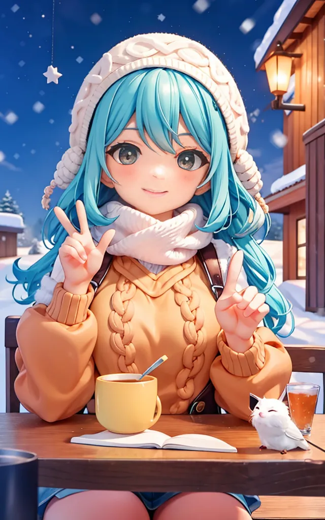 The image shows an anime-style girl with long, turquoise hair and green eyes. She is wearing a white beanie with a pom-pom and a brown sweater with a white scarf. She is sitting at a table in a snowy village, drinking from a yellow mug. There is a small, white creature with black eyes and a pink nose sitting on the table next to her. The girl is smiling and has her fingers in a peace sign.