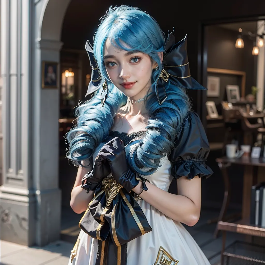 The image shows a young woman with long, blue hair. She is wearing a white and black dress with a black bow at the waist. She is also wearing black gloves and a necklace with a gold pendant. She has blue eyes and a gentle smile on her face. She is standing in an archway with a building in the background.