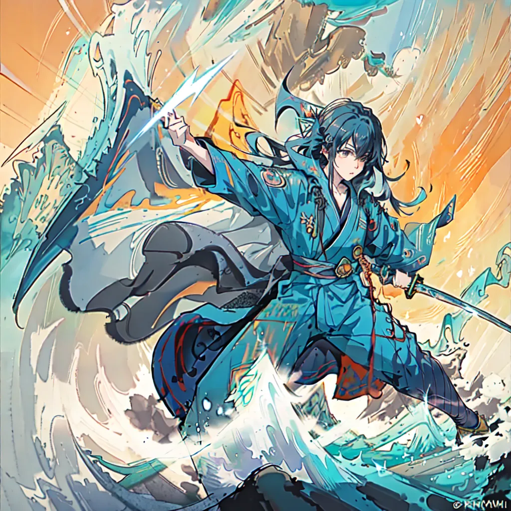 La imagen es de un hombre joven con el cabello azul largo y ojos azules. Está usando un kimono azul con acentos blancos y dorados. Está de pie en una pose dinámica, con una mano levantada y la otra sosteniendo una espada. Está rodeado de agua, que se representa de una manera muy estilizada. El fondo es de un color naranja brillante. La estética general de la imagen es muy similar al anime.