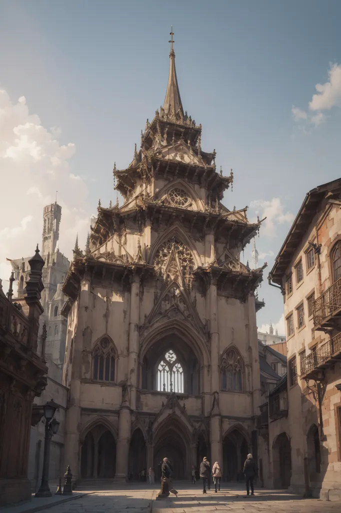 La imagen es de una iglesia o catedral grande y ornamentada. Está hecha de piedra gris y tiene una torre muy alta. La fachada de la iglesia está decorada con tallas y esculturas intrincadas. Hay personas caminando alrededor de la iglesia.