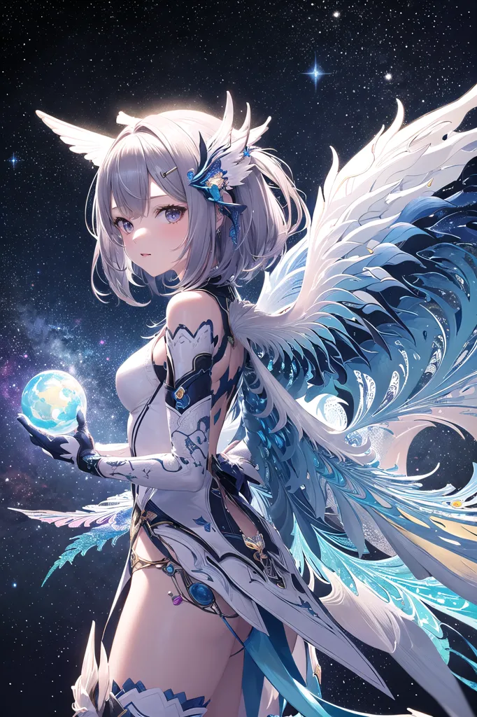 La imagen es de una chica con estilo anime de cabello blanco y ojos azules. Lleva un vestido blanco y azul con una falda con plumas y tiene un par de alas blancas y azules. Está sosteniendo una esfera azul brillante en su mano. Está de pie frente a un fondo estrellado con una luna creciente en la esquina superior izquierda.