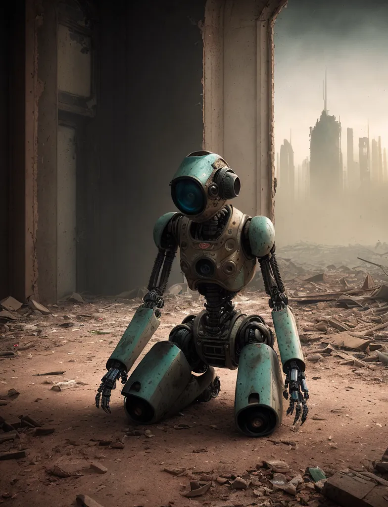 The image depicts a small, humanoid robot sitting on its knees in a ruined building. The robot is made of metal and has a blue, dome-shaped head with a single eye. Its body is green and has two arms and two legs. The robot is kneeling on the ground, its hands resting on its knees. The background of the image is a ruined city. There are large buildings in the distance and rubble on the ground. The sky is dark and cloudy.