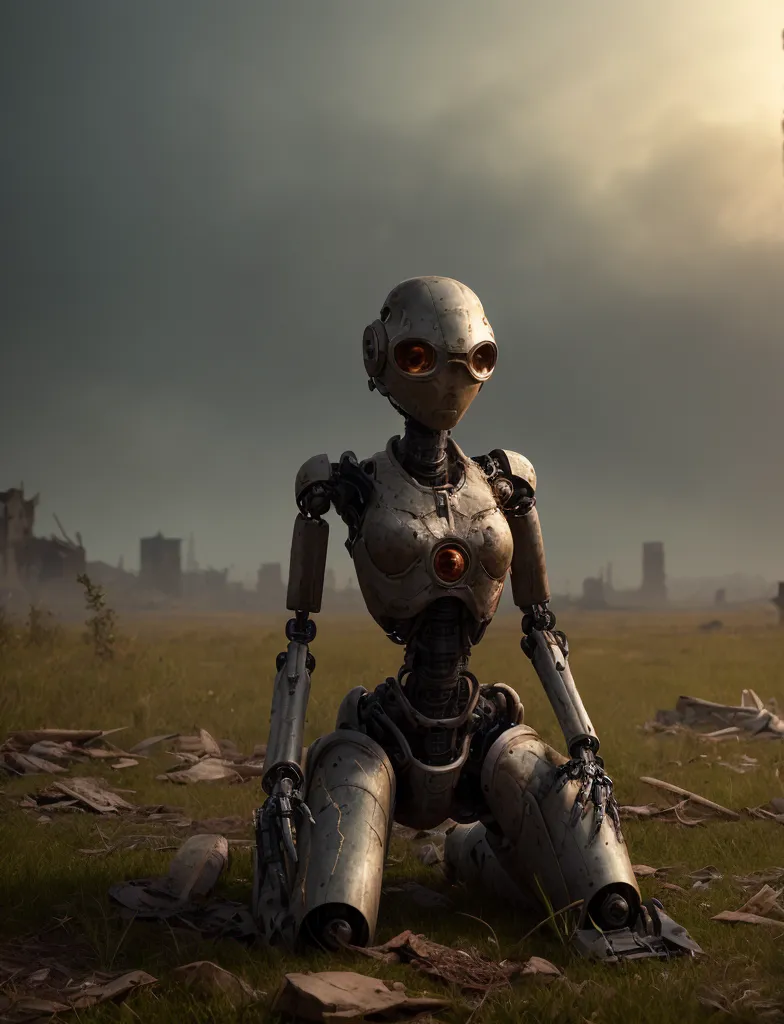 L'image montre un robot assis sur le sol dans un paysage post-apocalyptique. Le robot est fait de métal et a une apparence féminine. Il porte un casque avec une visière et a un oeil rouge. Le robot est assis sur ses genoux et a les mains posées sur ses genoux. L'arrière-plan de l'image est un paysage dévasté avec des bâtiments détruits et des débris. Le ciel est sombre et nuageux.