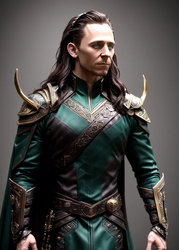 The image shows a man with long dark hair, green eyes, and a beard. He is wearing a green and brown leather suit of armor with intricate gold detailing. He has a gold crown on his head and is looking to the right of the frame. The background is a dark grey gradient.