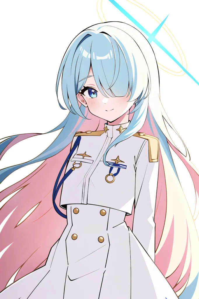 La imagen es de una niña joven con el cabello largo y de color azul claro, y ojos rosados. Lleva un uniforme militar blanco con cuello azul y botones dorados. Tiene un halo sobre la cabeza y una sonrisa suave en el rostro. Está de pie frente a un fondo blanco.