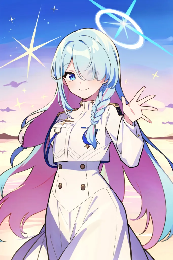 The image shows an anime girl with long blue hair and blue eyes. She is wearing a white military uniform with a blue collar and a blue skirt. She has a white hat on her head and a blue tie around her neck. She is smiling and waving at the viewer. There is a halo above her head and stars in the background.