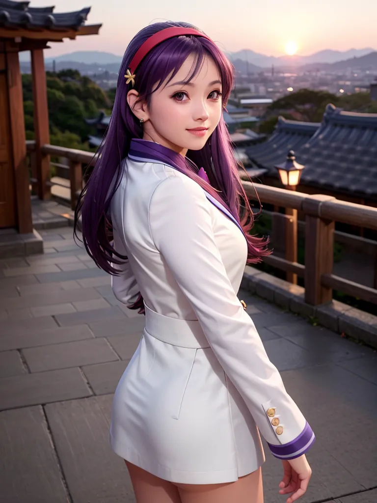 The image shows a young woman standing on a balcony, looking at the view. She has long purple hair, purple eyes, and is wearing a white dress with a purple sash. The background is a blurred city scape at sunset.