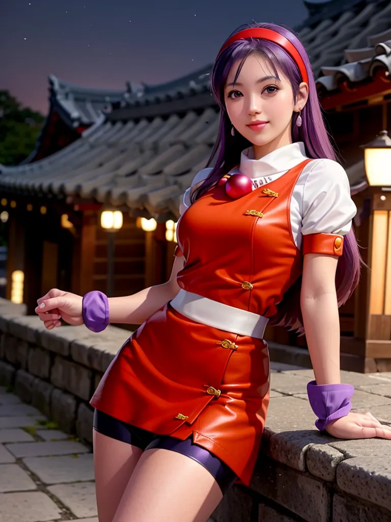 The image shows a young woman standing in a traditional Chinese courtyard. She is wearing a red and white cheongsam with a purple headband and purple wristbands. She has long purple hair and purple eyes. She is leaning against a stone wall with her right hand and looking at the camera with a slight smile. There are traditional Chinese buildings in the background.