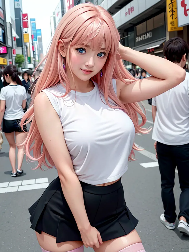 The image shows a young woman with pink hair and blue eyes. She is wearing a white tank top and a black pleated skirt. She is also wearing black stockings and white sneakers. She is standing on a city street with a blurred background of people walking by.