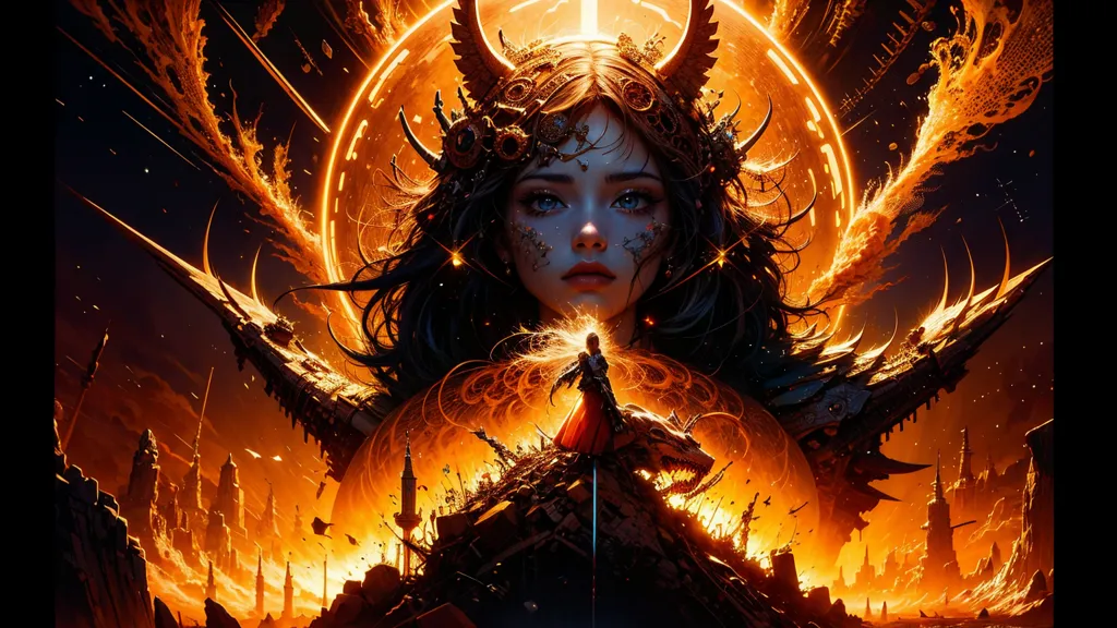 This is an image of a woman standing in front of a fiery background. She is wearing a white dress and has long brown hair. She is also wearing a crown and has a sword in her hand. There are two dragons on either side of her, and there is a city in the background. The image is very detailed and has a lot of bright colors. The woman's expression is one of determination and strength. She is clearly a powerful warrior and is ready to face any challenge that comes her way.