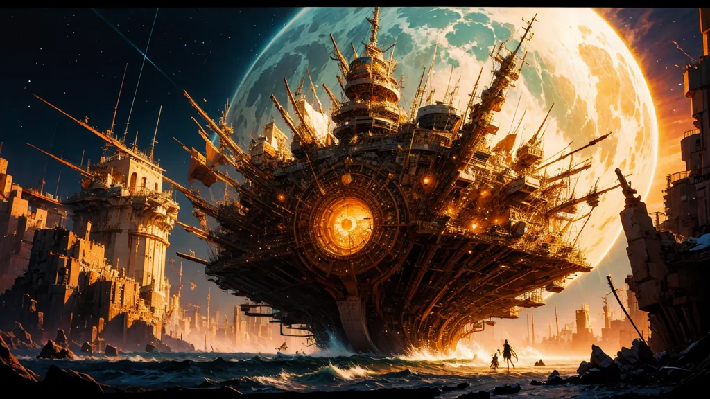 The image is a steampunk airship. It is a large, metal ship with a lot of gears and machinery on the outside. It is also covered in flags and other decorations. The ship is docked in a large harbor with a city in the background. The sky is orange and there are two moons in the sky.