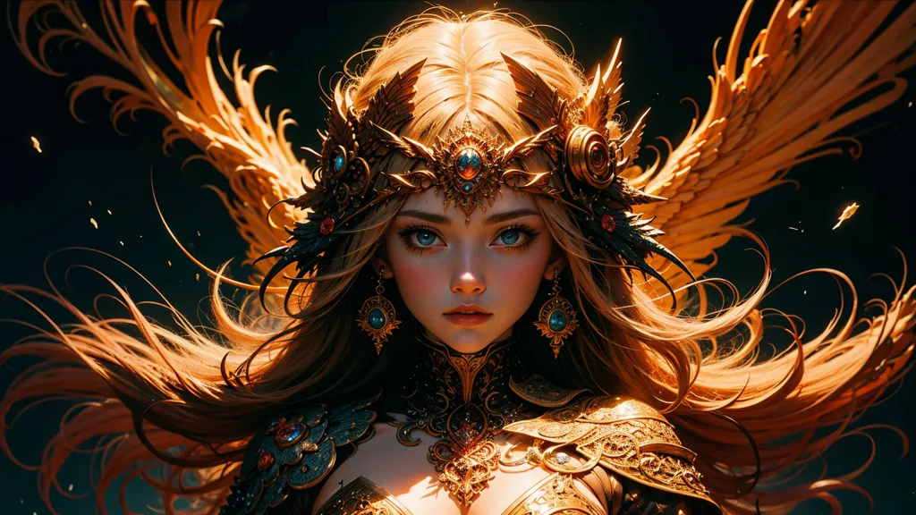 The image shows a beautiful woman with long, flowing golden hair. She is wearing a golden crown and armor. The woman has blue eyes and a serene expression on her face. She is surrounded by a dark background with a few golden feathers floating around her.