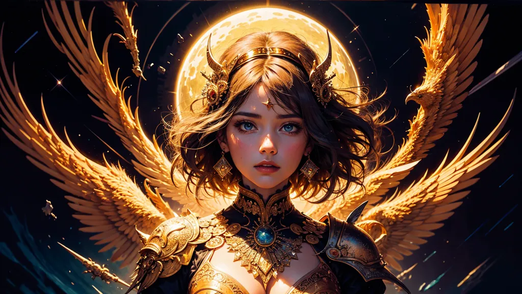 The image is of a beautiful woman with long brown hair and blue eyes. She is wearing a golden breastplate and has a golden headdress with a blue jewel in the center. She has large, golden wings and is standing in front of a dark background with a bright moon behind her. There are also some small, dark objects flying in the background.