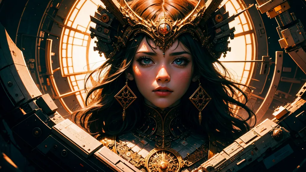 This is an image of a woman who appears to be a steampunk character. She is wearing a golden and brown outfit with many gears and mechanical elements incorporated into the design. She has brown hair with golden highlights and blue eyes. She is also wearing a golden crown or headpiece with a red jewel in the center. The background is a dark color with a large gear or clock-like object behind her.