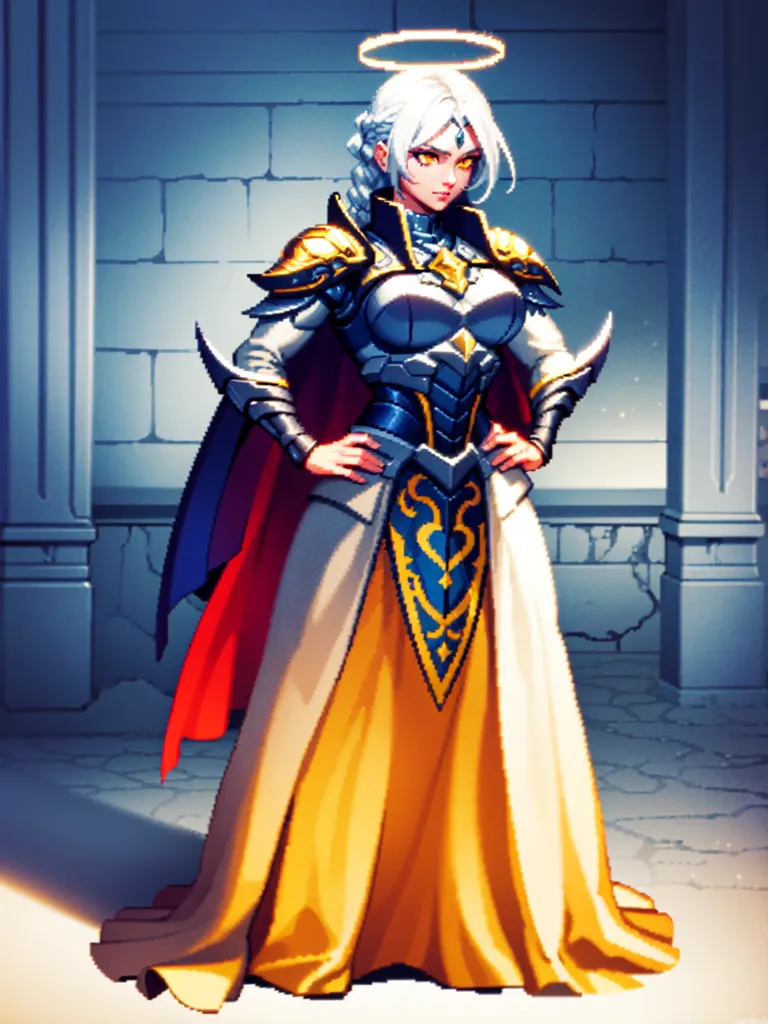 The picture shows a woman in knight's armor. She has long white hair and a golden halo above her head. She is wearing a white and gold dress with a red cape. There is a stone wall in the background.