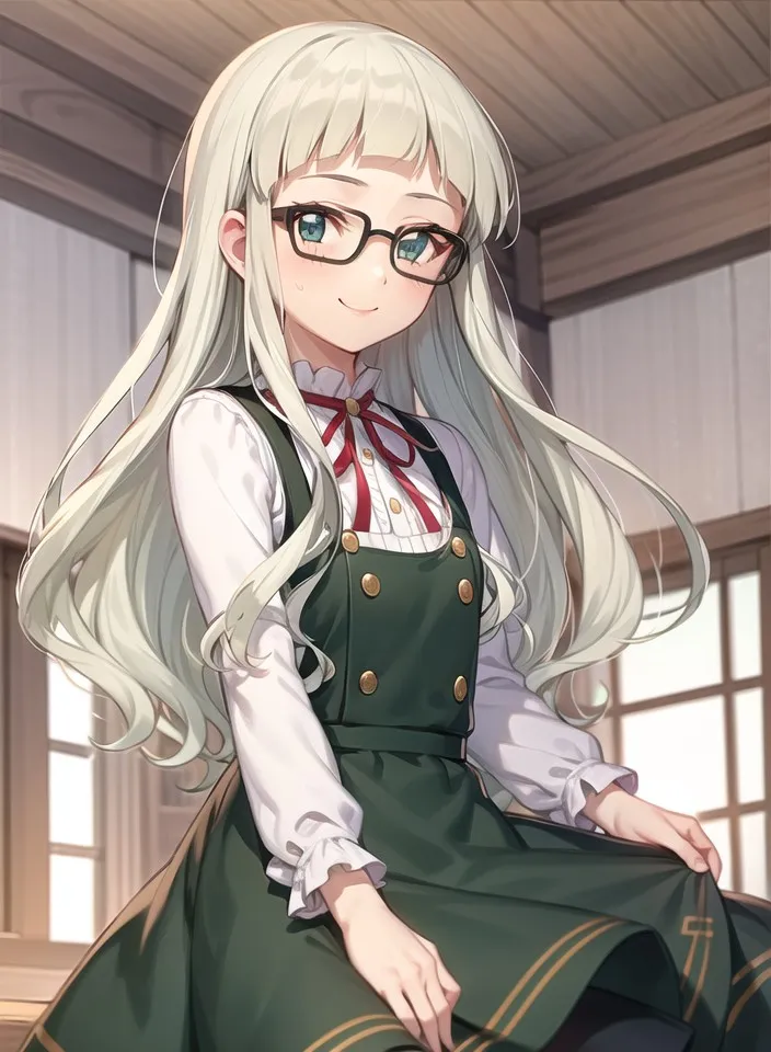 The image shows a young girl with long white hair and green eyes. She is wearing a white blouse, a green pinafore dress, and a red bow. She is also wearing glasses. She is sitting in a room with a wooden wall and a large window. The girl is smiling and has a happy expression on her face.