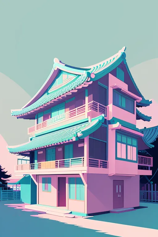 The image is of a three-story house with a traditional Japanese design. The house is pink and blue with green accents. The roof is green and has a curved shape. There are balconies on the second and third floors, and there is a small garden in front of the house. The background is a gradient of blue and pink.