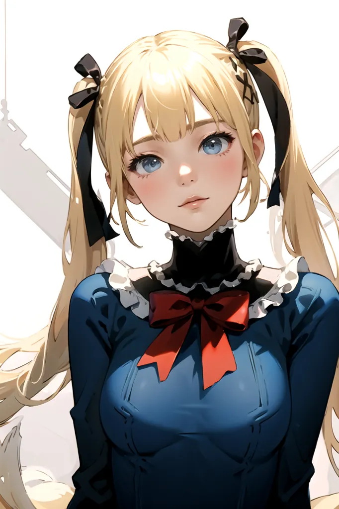 The image is a digital painting of a young woman with long blonde hair and blue eyes. She is wearing a blue dress with a white collar and a red bow. Her hair is tied up in two pigtails with black bows. She has a soft smile on her face and is looking at the viewer. The background is a white wall with a few light gray lines.