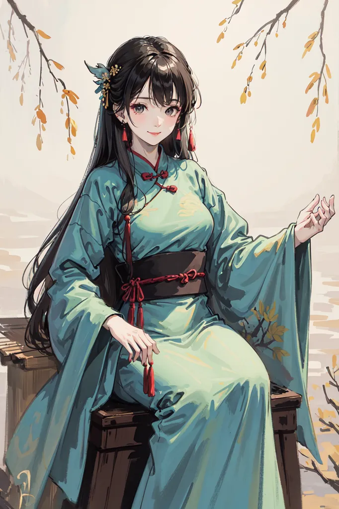 The picture shows a beautiful young woman in a traditional Chinese dress. She has long black hair, dark eyes, and a gentle smile. She is wearing a blue and green cheongsam with a red sash and has a flower in her hair. She is sitting on a bench in a garden, surrounded by trees and flowers. The background is a blur of green and yellow leaves.