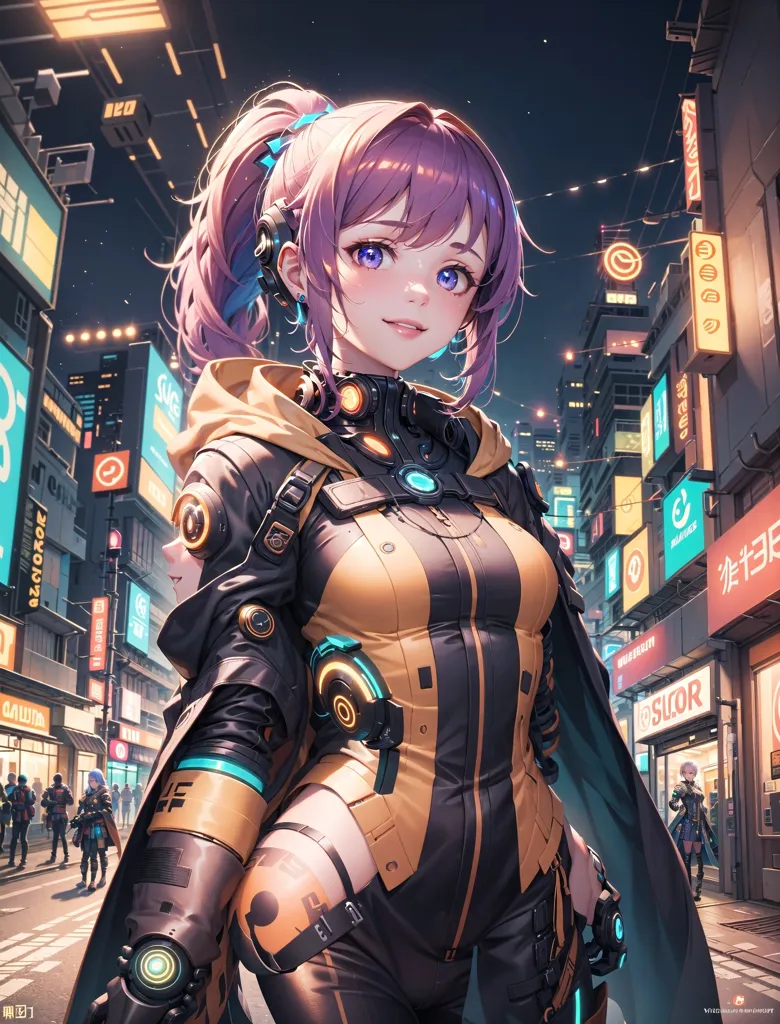 The image shows a young woman standing in a futuristic city. She is wearing a yellow and black outfit and has purple hair and eyes. She is also wearing a pair of headphones. The city is full of tall buildings and bright lights. There are people walking around in the background. The woman is smiling and looks happy.