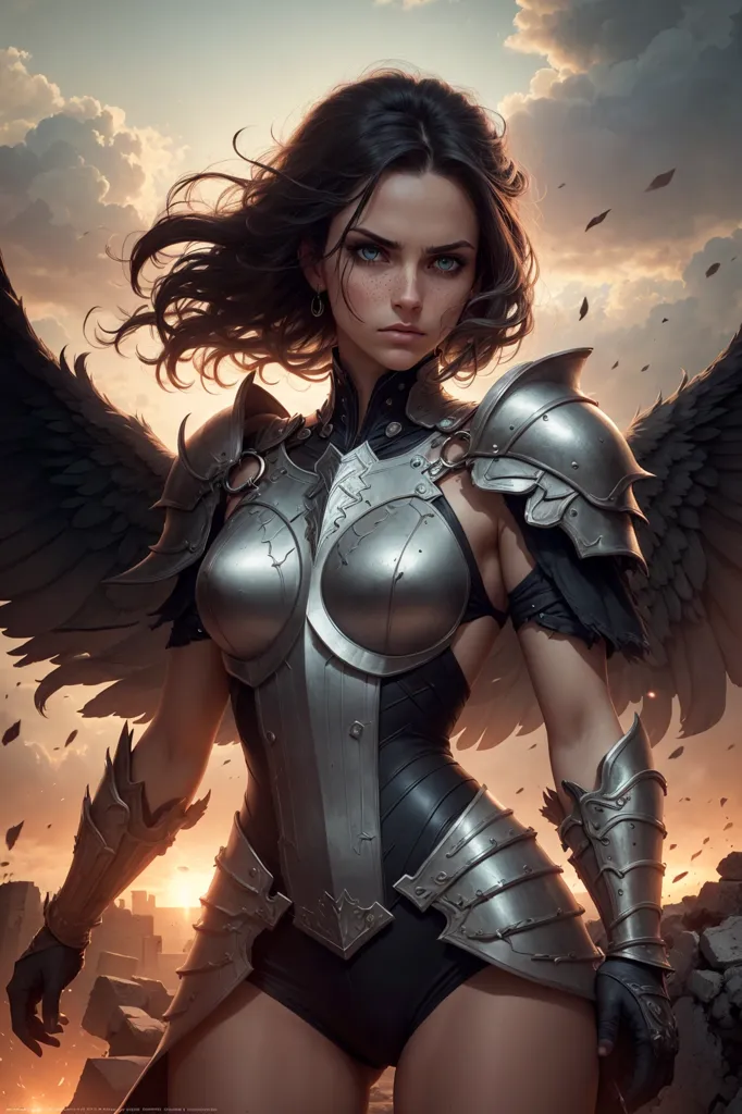 This is an image of a woman with dark hair and blue eyes. She is wearing a metal breastplate and a black bodysuit. She has large black wings and is standing in front of a stone wall. There are clouds and a ray of light in the background.