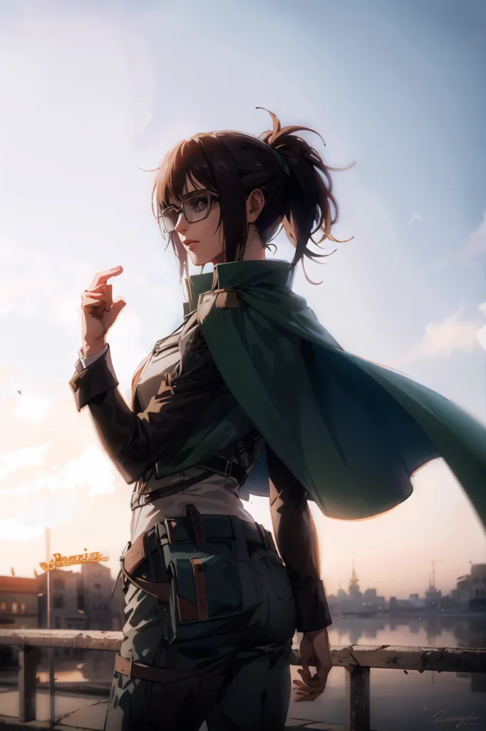 The image shows a young woman standing on a rooftop. She is wearing a green cape, a brown jacket, and glasses. She has her hair in a ponytail and is looking to the side. The background is a cityscape with a river running through it. The sky is blue with some puffy white clouds in the distance.