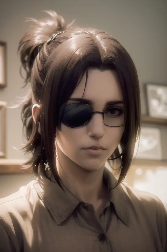 The image is a portrait of a young woman with brown hair and brown eyes. She is wearing a brown shirt and has a black eye patch over her right eye. She is also wearing glasses. The background is blurry, but it looks like there are shelves with picture frames on them.