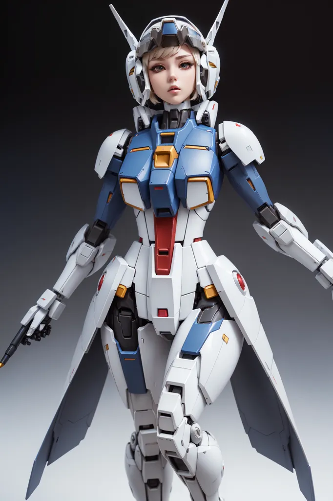 The image shows a female character wearing a white and blue mech suit. The mech suit has blue shoulder pads and a blue chest plate with yellow and red accents. The character has short blonde hair and blue eyes. She is also wearing a white helmet with blue accents and a yellow visor. The mech suit has a pair of wings on its back and is armed with a pair of guns.