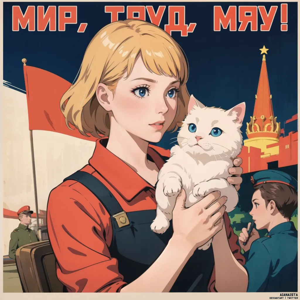 The image is a poster in the style of Soviet propaganda. It features a young woman in a red shirt and blue overalls holding a white cat in her arms. The woman is standing in front of a red flag with the words \