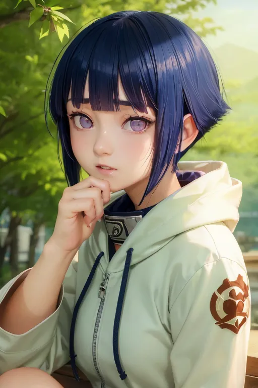 The image is of a young girl with blue hair and purple eyes. She is wearing a white zip-up hoodie with a brown emblem on the sleeve. She is sitting on a bench in a park, with a thoughtful expression on her face. The background is blurry, with a few trees and leaves visible.