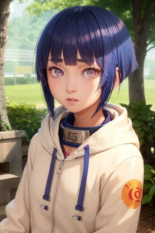 This image is of an anime-style girl with short blue hair and purple eyes. She is wearing a white zip-up hoodie with a purple shirt underneath. She also has a black choker on and the symbol on her left arm suggests she is a ninja from the Hidden Leaf Village in the anime Naruto.