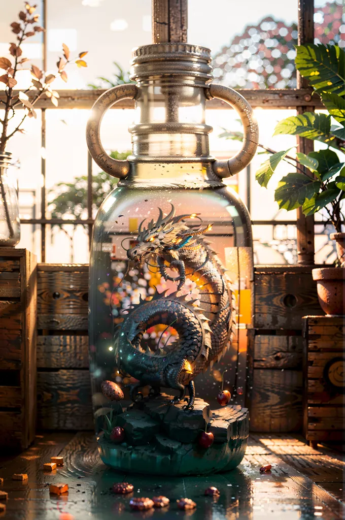 The image is a 3D rendering of a glass jar filled with water and a small, coiled dragon. The jar is sitting on a wooden table or shelf. The dragon is gray and gold, with long, flowing fins and a forked tongue. It is curled up in a circle, with its head resting on its tail. The jar is filled with water and a variety of other objects, including plants, rocks, and flowers. The water is clear and reflects the light from the window. The image is very detailed and realistic.