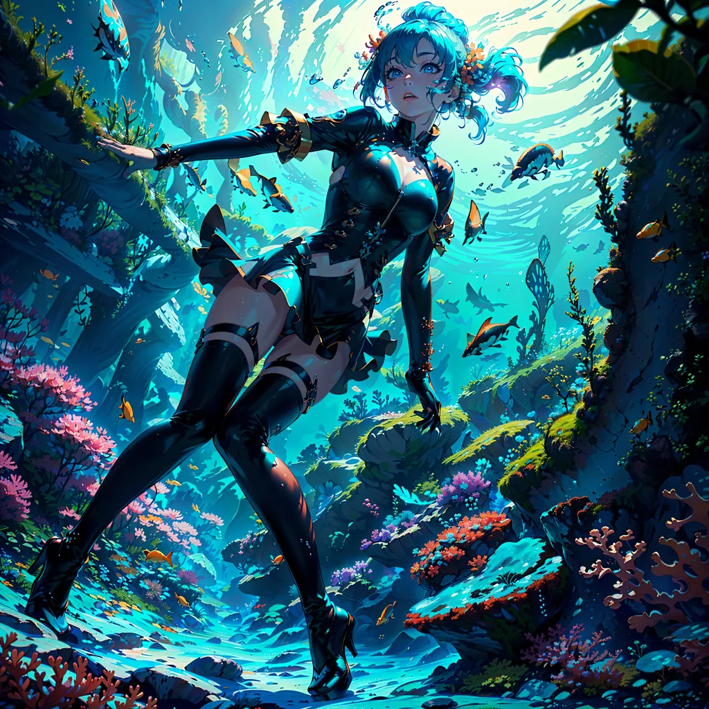 This is an image of a woman with blue hair and blue eyes. She is wearing a black and blue bodysuit. She is standing in a coral reef, surrounded by tropical fish. The background is a deep blue.