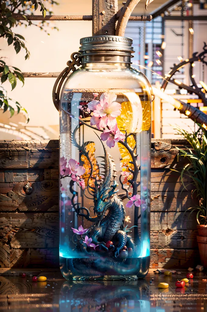 The image is a 3D rendering of a glass jar filled with water and a cherry blossom tree. The jar is sitting on a wooden table. The cherry blossom tree is in full bloom and there are pink and white blossoms on the tree. There is a small blue dragon sitting on the branch of the tree. The dragon is looking out of the jar at the viewer. The jar is sitting on a wooden table. There are some red berries on the table. The background is a brick wall with some plants growing in the cracks.