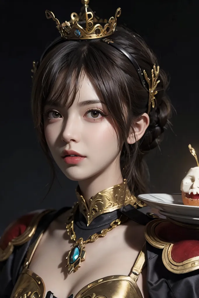 The image is a portrait of a beautiful woman with long brown hair, brown eyes, and a fair complexion. She is wearing a golden crown and a golden necklace with a blue gem in the center. She is also wearing a black and gold dress with a white apron. She is holding a plate with a skull-shaped cake on it. The background is dark.