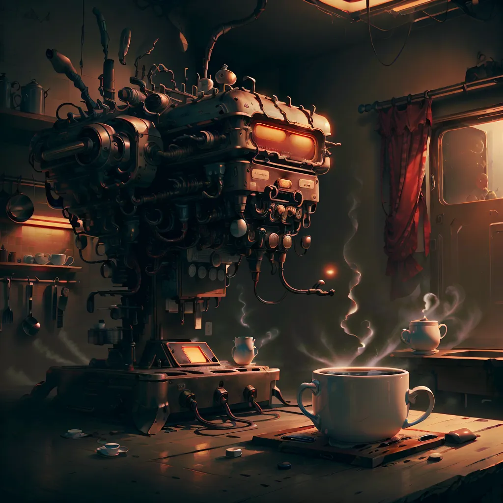 The image is a steampunk-style coffee machine. It is made of metal and has a large number of pipes and gauges. There is a window in the background of the image and a red curtain. The coffee machine is making a cup of coffee and there is steam rising from the cup.