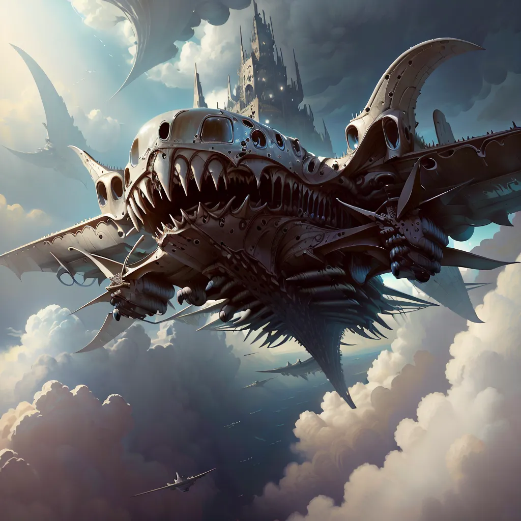 The image is a steampunk airship. It is a large, metal vehicle with a long, pointed nose and a wide, flat body. The airship is powered by two large engines that are mounted on the back of the body. The engines are surrounded by a series of gears and other mechanical devices.

The airship is also equipped with a number of weapons. There are two large cannons that are mounted on the front of the body. There are also a number of smaller cannons that are mounted on the sides of the body. The airship is also equipped with a set of wings that allow it to fly. The wings are made of a metal framework that is covered in a canvas material.

The image is set in a cloudy sky. The airship is flying above a set of clouds. There is a castle in the distance. The castle is made of a dark gray stone and it has a number of towers. The castle is surrounded by a set of walls.

The image is a steampunk version of an airship. It is a large, metal vehicle that is powered by steam engines. The airship is also equipped with a number of weapons and it is capable of flying.